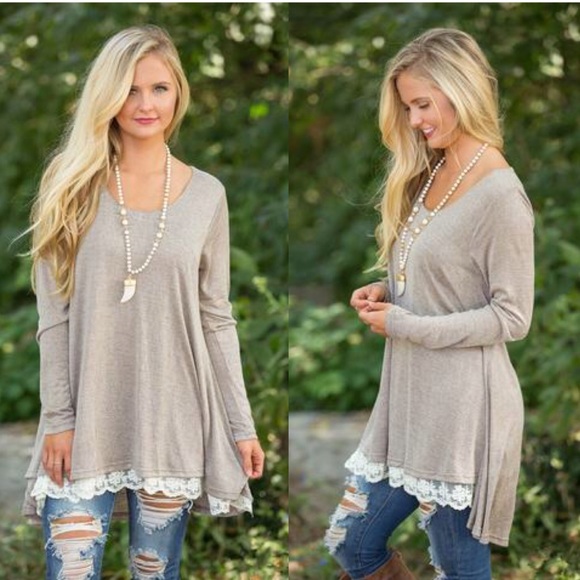 KENZI LACE HEM RUFFLE LONG SLEEVE TUNIC OATMEAL - Picture 2 of 2